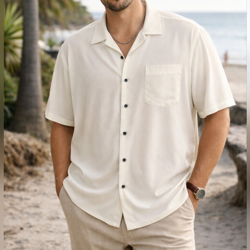Men’s Ivory 2X Collared Short Sleeve Shirt Rayon Blend Casual Lounge Resort